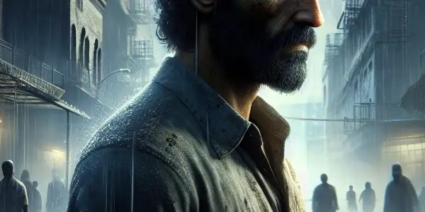 A rugged man stands at a crossroads in a gritty urban setting, with a faded sunflower mural symbolizing hope behind him.