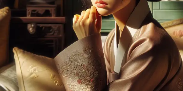 A thoughtful woman in a hanbok sits in a cozy, tension-filled living room, surrounded by family hints.<a href=