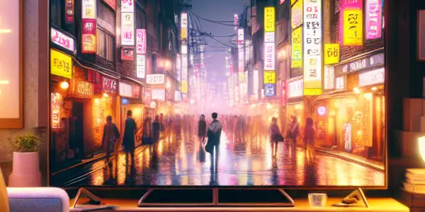 A cozy living room with a TV showing a Korean drama, popcorn, and posters of iconic films.