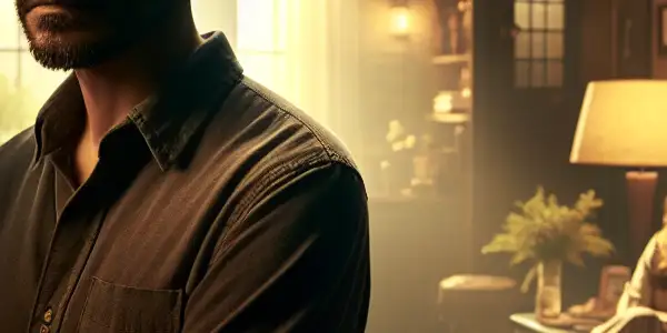 A tense living room scene featuring a contemplative man and an enigmatic woman, reflecting a complex family dynamic.