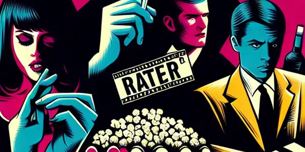 A dynamic movie poster featuring iconic elements from classic R-rated films, including a noir detective and fight club scenes.