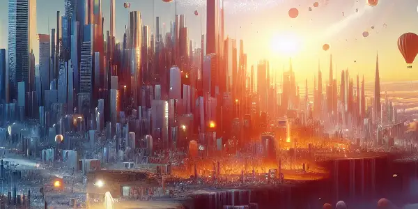 A surreal cityscape with twisting buildings, floating islands, and vibrant skies, inspired by the film "Inception."