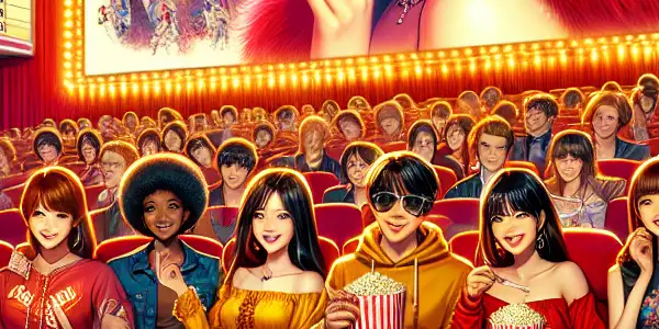 A lively movie theater scene filled with excited fans awaiting a Tanaka Hitomi film, featuring vibrant colors and dynamic expressions.