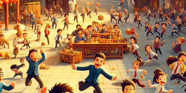 A lively Chinese school courtyard filled with students laughing, playing, and sharing stories amidst autumn trees and playful antics.