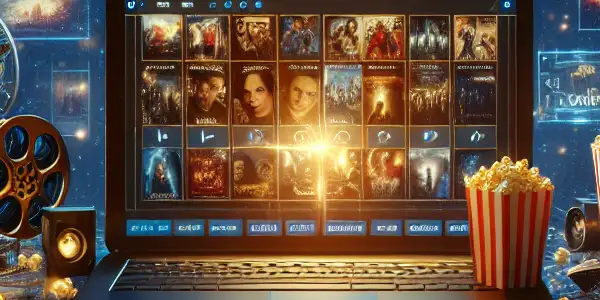 A vibrant digital scene showcasing a modern movie platform with diverse genres, film reels, popcorn, and glowing laptop screen.