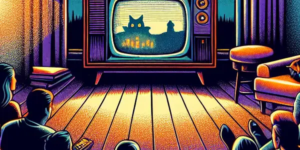 A cozy living room scene with friends watching a classic horror film, surrounded by snacks and a starry night.