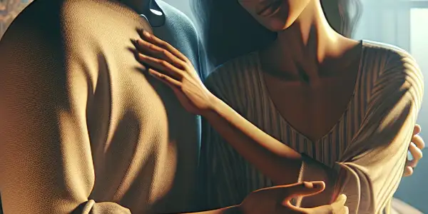 A cozy bedroom scene depicting a couple in a tender, intimate moment surrounded by soft lighting and warm decor.