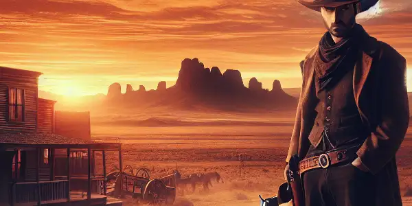 A lone gunslinger stands in a vast, sunset-lit Western landscape, embodying heroism amidst rugged terrain and distant mountains.