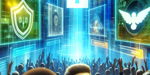 A diverse group of users joyfully interacts with glowing screens in a vibrant, secure digital landscape.