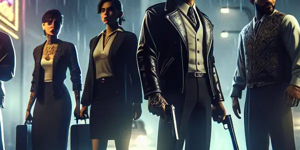 Five gangsters in a dimly lit alley, showcasing distinct personalities amid rain-soaked pavement and neon reflections.