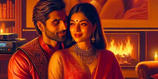 A couple shares an intimate moment in a cozy, romantic room filled with books and soft lighting.