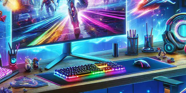 Futuristic gaming setup featuring a high-end monitor, vibrant game interface, and illuminated peripherals in a cozy room.