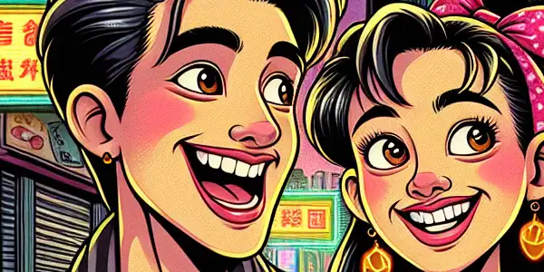 A lively 1990s urban scene featuring a flirtatious young couple, neon lights, and playful peach-themed decorations.