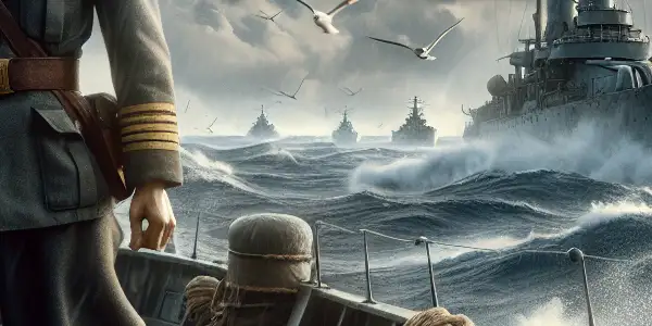A determined naval soldier stands on a vintage warship amidst crashing waves and a stormy sky, symbolizing heroism.