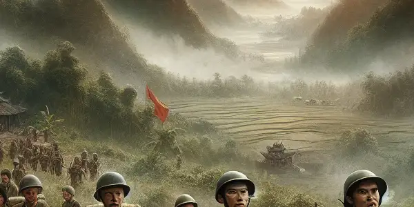 Chinese soldiers in vintage uniforms display determination in a lush, mountainous landscape at sunset, hinting at historical conflict.