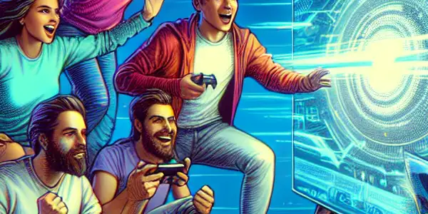 A diverse group of friends enjoying a thrilling movie or gaming experience in a high-tech, cozy setting.