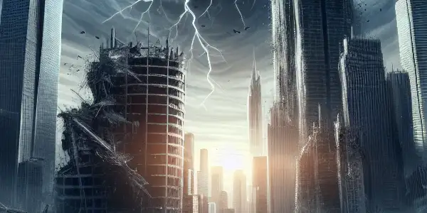 A chaotic cityscape with crumbling skyscrapers and diverse survivors navigating debris under a dark, stormy sky.