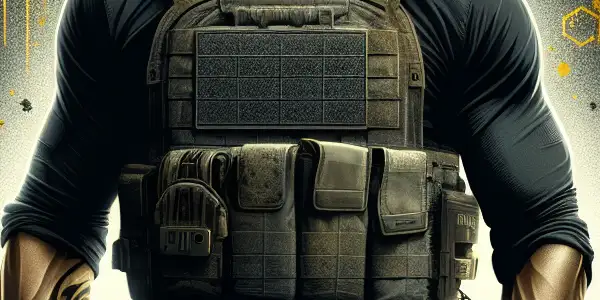 Jason Statham as a rugged special agent in a dark urban landscape, with bees and honeycomb elements.