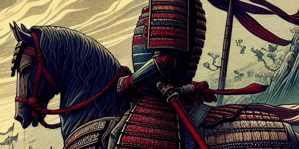 A dynamic Sengoku-era battlefield featuring Takeda Shingen in samurai armor, surrounded by chaos and soldiers in combat.