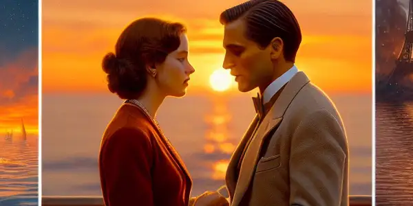 A romantic collage featuring iconic scenes from "Titanic," "Roman Holiday," and "Before Sunrise," evoking nostalgia and love.