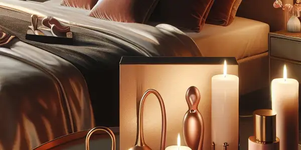 A romantic bedroom scene featuring a luxurious gift set, intimate toys, candles, and soft lighting for couples.