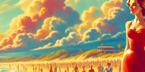 A beautiful woman in a red bikini on a sunlit beach, surrounded by golden sand and turquoise waves.