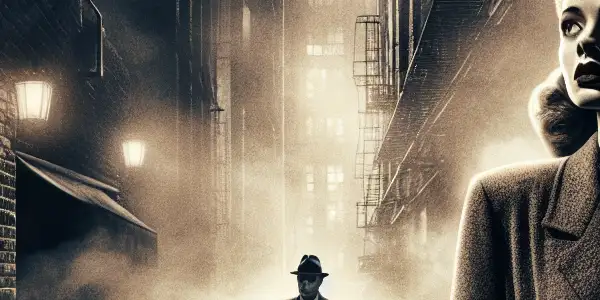 A shadowy woman in a 1940s outfit stands in a dim alley, evoking suspense and danger.