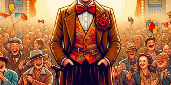 A vibrant poster of comedian Feng Gong on stage, surrounded by film elements, balloons, and a cheering audience.