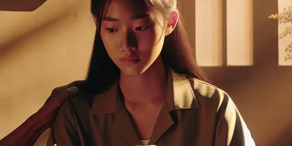 A young woman shares a tender moment with her elderly parents in a warm, cozy living room.<a href=