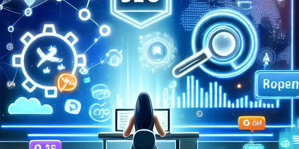 A vibrant digital scene showcasing an SEO expert promoting micro-films amidst social media icons and engaged viewers.