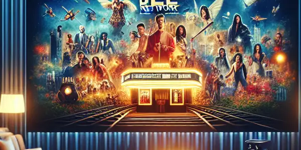 A cozy home theater showcasing a vibrant collage of movie posters, popcorn, and a digital streaming interface.