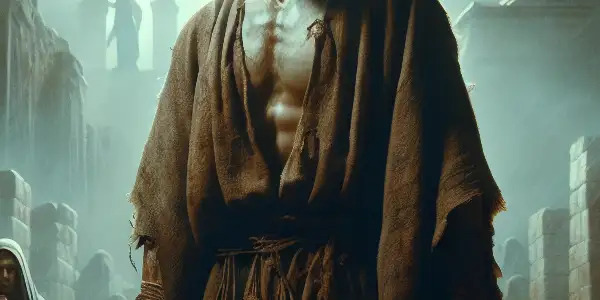 Jesus in anguish with a crown of thorns, surrounded by dark skies and ancient Jerusalem, embodying pain and strength.