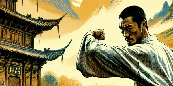 Jet Li in traditional Shaolin attire, performing martial arts in front of an ancient temple and lush mountains.