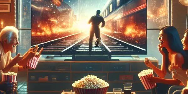 A cozy living room with diverse movie enthusiasts enjoying a film trailer, surrounded by DVDs and warm lighting.