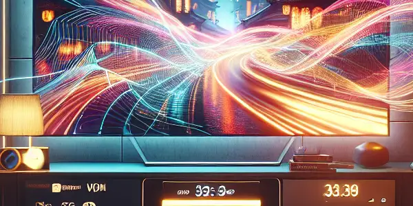 A cozy living room with a large screen showcasing a vibrant Japanese film, emphasizing seamless streaming and modern technology.