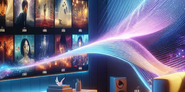 A sleek computer screen displays vibrant thumbnails of adult films in a cozy, modern home setting.