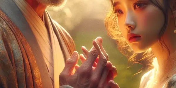 A romantic scene of an older man and younger woman in a blooming garden, embodying forbidden love and emotional tension.