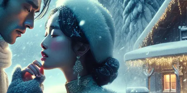 A romantic winter scene featuring a couple gazing into each other's eyes amidst a snowy landscape and a cozy cabin.