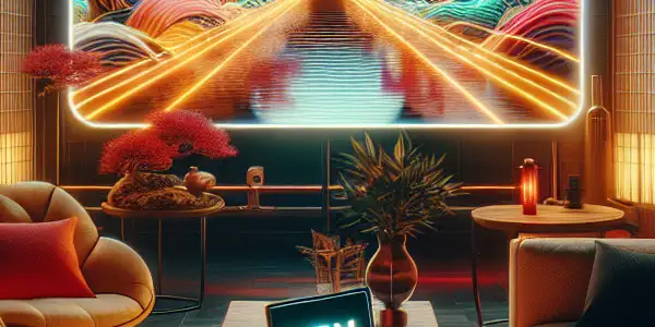 A modern living room featuring abstract visuals, privacy elements, and hints of Japanese culture, radiating luxury and excitement.