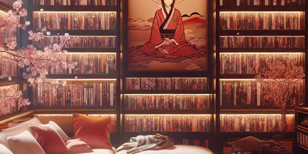 A cozy, dimly lit room filled with organized adult film collections and elegant Japanese decorative motifs.