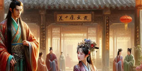 A romantic scene in a Ming Dynasty courtyard featuring a charismatic couple in elegant silk robes surrounded by lush greenery.