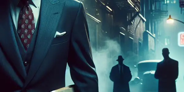 A determined prosecutor stands in a dimly lit urban alley, holding evidence amidst looming shadows and suspenseful figures.<a href=