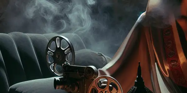 A glamorous woman in a dimly lit room, exuding allure amidst elegant furnishings and cinematic elements.