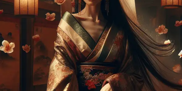 A beautiful woman in a flowing kimono, surrounded by cherry blossoms in a dimly lit traditional Japanese room.