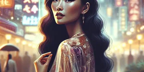 A beautiful young woman in a vibrant urban night scene, exuding elegance and allure amidst glowing city lights.