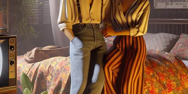 A couple shares a passionate moment in a nostalgic 1980s-inspired bedroom filled with vintage decor and soft lighting.