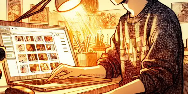 A cozy room filled with Japanese adult film memorabilia, featuring a young adult engaged in video uploading.