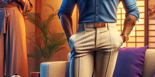 A charismatic husband and partner share an intimate moment in a modern Japanese living room, filled with passion.