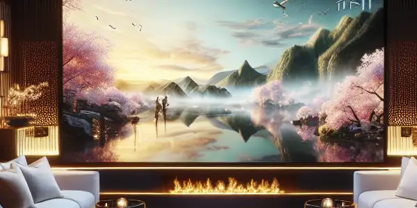 A modern media room featuring a large screen displaying artistic adult content, with cozy decor and ambient lighting.