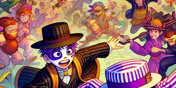 A lively urban chase featuring exaggerated characters in playful costumes, set against a vibrant twilight backdrop.